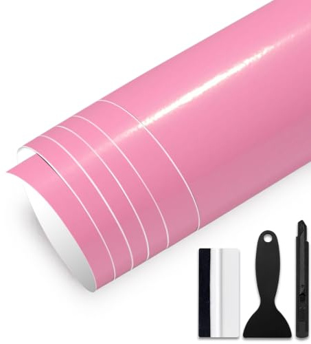 GRTHTATI 30 cm x 150 cm bilfolie glans bilfil självhäftande bil wrapping-film med luftkanaler bubbelfri bil foliering för motorcykel, cykel, gör-det-själv (rosa glans, 30 cm x 150 cm)