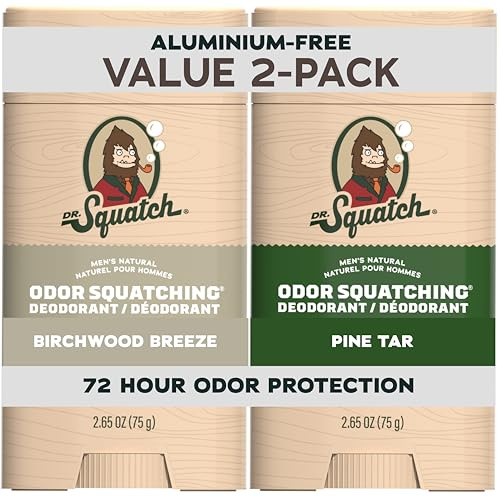 Dr. Squatch Natural Men’s Deodorant – Aluminium Free Natural Deodorant For Men with Charcoal & Postbiotics for 72-Hour Odor Protection – Birchwood Breeze & Pine Tar, 75g Stick (2-pack)
