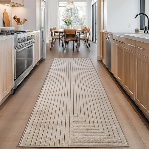 Carpettex Outdoor Teppich wetterfest, Wohnzimmer, Schlafzimmer, Garten, Balkon, Kurzflor Beige, Hoch-Tief-Effekt, weich & waschbar, pflegeleicht, 80x250 cm
