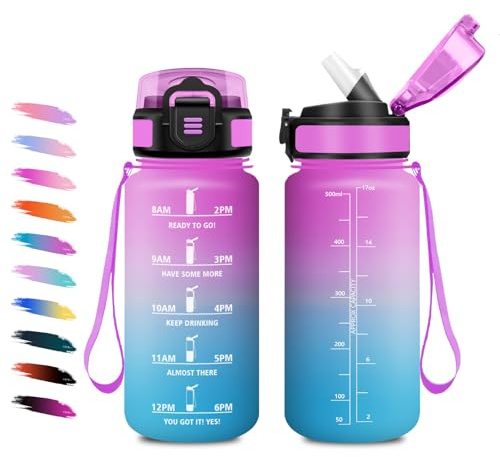Gourde 500ml, Bouteille d'eau Enfant, Gourde Motivation avec Paille, Bouteille d'eau Marqueur de Temps, Étanche et Réutilisable, pour Enfant, Voyage, Extérieur, Camping, Cyclisme, Bureau, Fitness