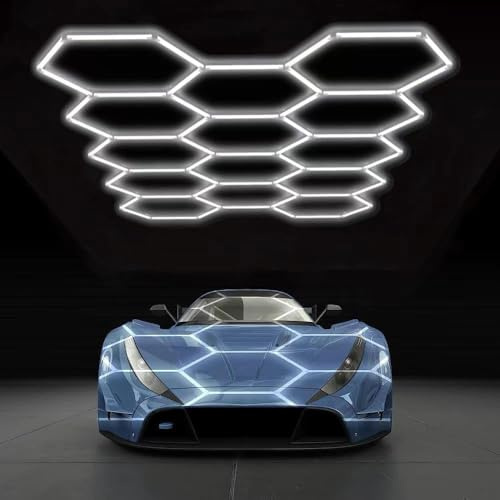 Brivulgent 14er Hexagon LED Werkstatt Deckenleuchte Set – 65W 6500K Tageslicht – Superhelle Garage Beleuchtung – Plug&Play Wabenlampe für Keller, Werkstatt, Auto-Detailing, Lager