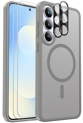 for Samsung Galaxy S25 FE Case Magnetic Shockproof, Fit for MagSafe, with Screen Protector X2 + Camera Lens Protector X2, Translucent Anti-Fingerprint Case for Samsung Galaxy S25 FE (Gray)