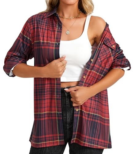 Enmain Camisa a Cuadros para Mujer Suaves y elásticas de Manga Larga con Botones Blusas de Cuadros con Bolsillos Rojo S