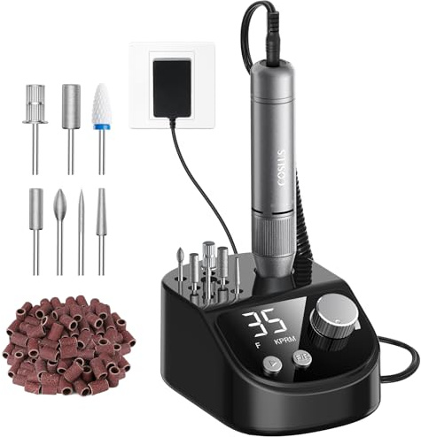 COSLUS E50 Elektrische Nagelfräser Professionell Set 35000 U/min | Nagelfräser für Gelnägel Elektrische Nagelfeile Maniküre Pediküre Set mit LCD-Anzeige, 6 Bits & 31 Schleifbändern, Schwarz