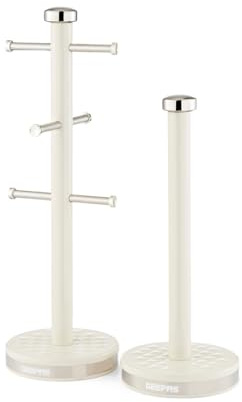 GEEPAS Mug Tree and Towel Pole Set | Rust Corrosion Free Carbon Steel Material Non-Slip Base Free Standing Design Kitchen Counter Storage Space Saver | Holds Upto 6 Mugs | Argyle Collection Cream