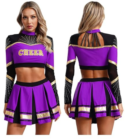 WEQYFDC Cheerleading uniform för kvinnor, basketskolfest dansdräkt, långärmad paljetttopp med veckad kjol, 2 st. (lila, L)