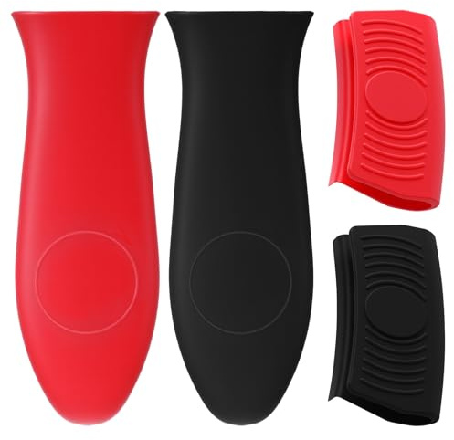 LXUEJIE Paquete de 4 soportes de silicona para asas, resistentes al calor, antideslizantes, agarraderas para ollas de hierro fundido, metal, sartén, utensilios de cocina (rojo, negro)