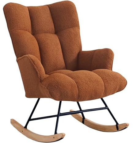 XH.Easy Go Fauteuil à Bascule, Tissu Teddy Peluche, Pieds en Bois d'Hévéa, Chaise d'Accent pour Nourrisserie, Salon, Chambre, Bureau(Marron Teddy)