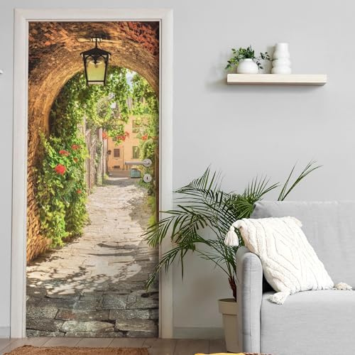 Türtapete selbstklebend blasenfrei | 200 x 90 cm Malerische Gasse | Tür Aufkleber Türfolie | Einteilig | Wasserfest 3D Türaufkleber Klebefolie Türposter Möbelfolie