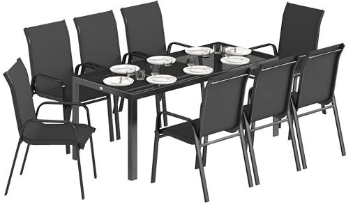 Outsunny Set Tavolo e Sedie da Giardino 9 Pezzi, Set Pranzo Esterno con Tavolo in Vetro Temperato, 8 Sedie Impilabili in Texteline, Set Mobili da Giardino per Terrazza Balcone Patio, Nero