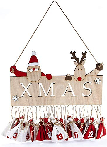 Heitmann Deco Calendrier de l'Avent avec 24 sachets – Plaque de Noël avec Père Noël et renne à suspendre
