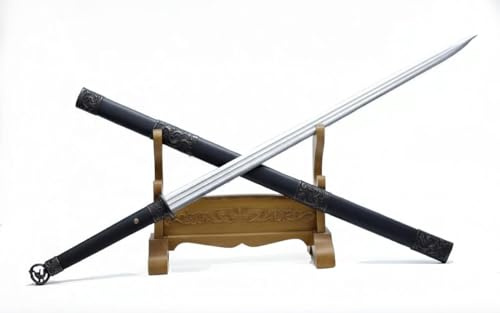 LOONGSWORD Chinese Double-Edged Sword Jian – Hand-Forged High Carbon Steel Blade, Heat Tempered Practical Martial Arts Sword with Black Wood Scabbard