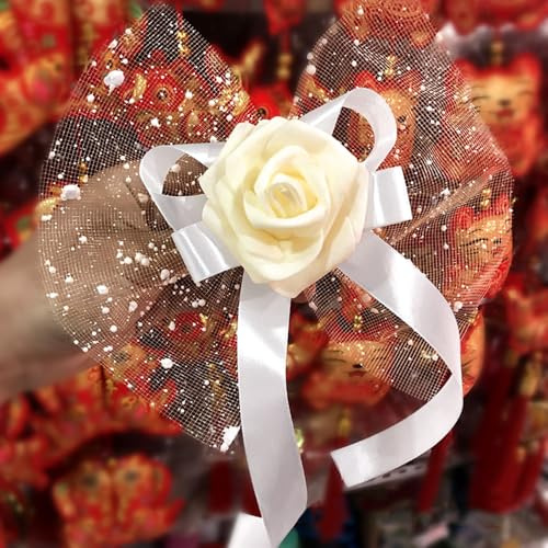 Duories 4 Stück Autoschmuck Hochzeit Auto Deko Rose Blumen Dekoschleife Fertigschleife Autoschleifen Antennenschleifen für Hochzeit Deko Auto Rückspiegel Türgriff Deko Blumen,Beige