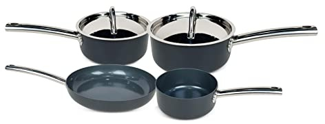 4 Piece Hard Anodised Cookware Set in Grey, Non Stick Starter Pans & Frying Pan, Induction and All Hob Compatible. Oven Safe