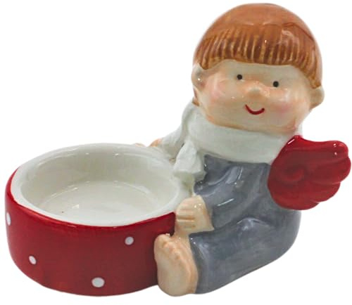 Dekohelden24 Keramik Teelichthalter als Engel mit Schal, Größe L/B/H ca. 11 x 8 x 8 cm.