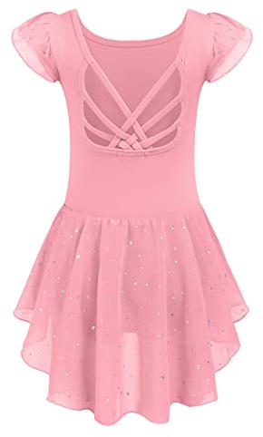 Arshiner Vestido de Ballet Niña Traje de Ballet Leotardo de Ballet de Algodón Manga Corta Ropa de Ballet Leotardo de Danza Cruzada con Tirantes Rosa Oscuro con Falda de Gasa Tutú 3-4 Años