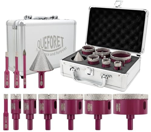 QUEFORET Brocas de Diamante 11 Piezas - 9 Coronas 6/6/8/20/25/35/45/50/65mm, 1 Broca de Carburo 6mm, 1 Fresa Biselado 50mm para Cerámica, Porcelánico, Azulejos, Mármol y Granito