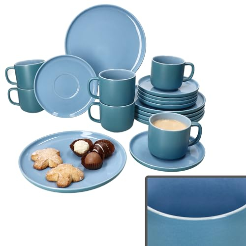 Ritzenhoff & Breker Jasper 18tlg Kaffeeservice Ozeanblau I Steingut-Set für 6 Personen I Je 6x Teetassen 170ml, Höhe 7cm, Untertassen & Kuchenteller I Geschirr für Frühstück & Kaffee