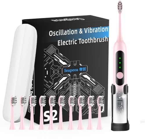 Seapeoa Adult Sonic Electric Toothbrush with 10 Brush Heads, Travel Case, and Wall Bracket, Suitable for Both Adults and Kids, IPX8 Waterproof, USB Charging, 42000VPM, Pink