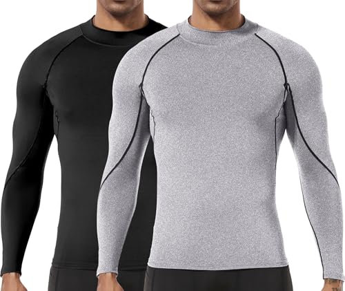 Herren (2er Pack) Kompression Langarm Stehkragen Wintersport Baselayer T-Shirts Tops Schwarz/Grau05-S