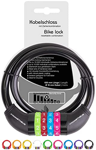 PROMETHEUS BICYCLES Fahrradschloss für Kinder Kabel-Schloss Zahlen-Code für Kinderfahrrad Laufrad 650 mm in Schwarz