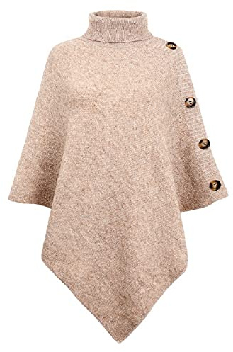 JFAN Dam poncho hög krage sjalar med knappar elegant stickad kappa för kvinnor, BEIgE, one size
