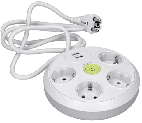 Voxura 4-Fach USB (max. 3,4A) Mehrfachsteckdose rund Schuko weiß mit EIN- und Aus-Schalter & Kabel 1,5m Zuleitung Überspannungsschutz