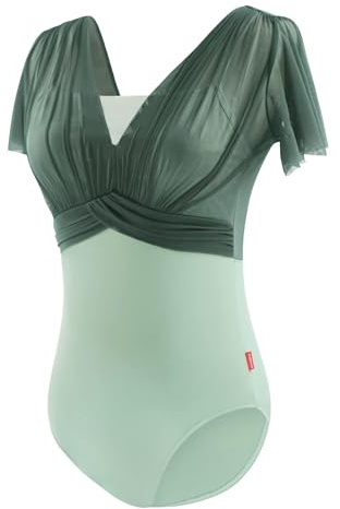Daydance Dayance Green Women Leotards for Ballet, Flutter Sleeve Faux-2 Piece Dance Wear for Recitals