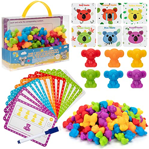 Wisplye Montessori Mathe Spielzeug für Kinder, 72 Stück Bunt Regenbogen Kaola Lernspielzeug mit Zählen Karten, Farben Lernspiele und Rechnen, Geschenke für Mädchen Jungen 3-6 Jahre