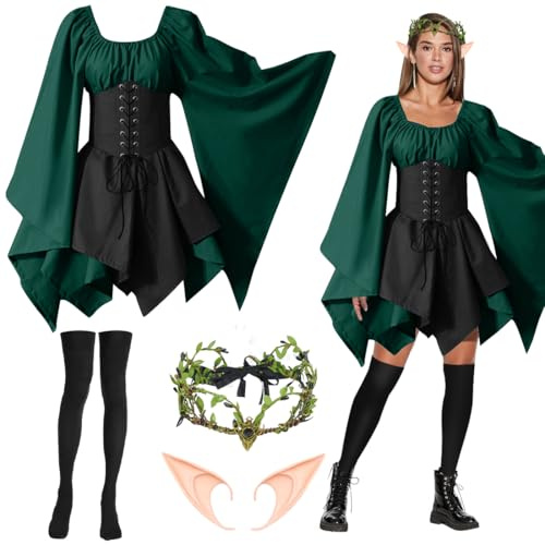 Capaneus Disfraz Medieval para mujer, Vestido Tradicional Irlandés, Disfraz con Orejas de Elfo de Carnaval