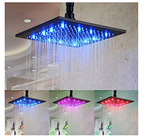 CLLBANT 12 Zoll Regenduschkopf, quadratischer LED-Regenduschkopf, schwarz, Fester Hochdruckduschkopf, verstopfungsfreie Silikondüsen, Temperatur, 3 Farbwechsel, Edelstahl/Grün (Rosa)