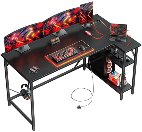 DOMSHOCT Small L Shaped Gaming Desk with Power Outlets, 140x70cm Corner Computer Table with Large Reversible Storage Shelves, Home Office PC Workstation with Hooks for Writing Study, Black