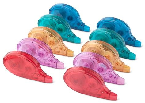 Amazon Basics korrigeringstejp, 10-pack, rulle, penna, musform, torkar omedelbart, 12m lång, grön, lila, orange, röd, blå