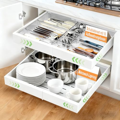 AirOpen Ausziehbare Schublade Küche, 10 Aufbewahrungsboxen im Lieferumfang, Breite von 32–53 cm Verstellbar, 2 Montagearten, Teleskopschublade für Küche, Bad, Zimmern und Abstellräumen (Weiß)