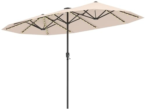 GOPLUS 3,8M Parasol de Jardin Extérieur Double, Grand Parasol Rectangulaire avec LED Coloré, Manivelle, Panneau Solaire, 12 Baleines, pour Terrasses Balcon Cour Marché (Beige)
