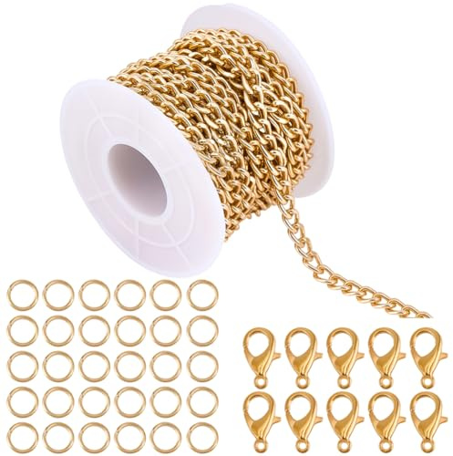 BEAMARKER Kedjor i aluminium, 16,4 fot, breda 5 mm, kedjor med metalllänkar, med 10 karbinhakar och 30 anslutningsringar, osvetsade för smyckestillverkning, halsband, armband, AC