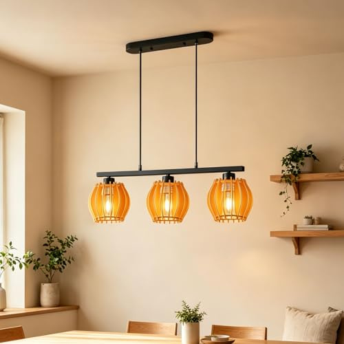 MELAYR Madera Lámpara Colgante LED 3 Llamas E27, Lámpara Pendiente LED Acrílica, Lámpara Suspendida para Salón, Mesa de Comedor, Cocina, Comedor, Lounge, Isla de Cocina y Sala de Bar