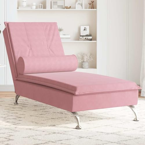 Basinlix Relax-Chaiselong med nackrulle i rosa sammet, loungebänk med massagefunktion, modern dagbädd för vardagsrum, sovrum eller kontor, stabila metallben, bekväma relaxmöbler