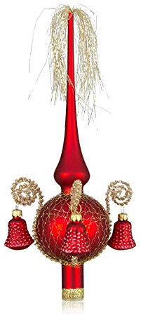 Weihnachtsbaumspitze mit Formglöckchen rot matt,umsp. L ca. 28cm d(Kugel) 7cm mundgeblasen,handdekoriert,Leonischer Draht Lauschaer Glas