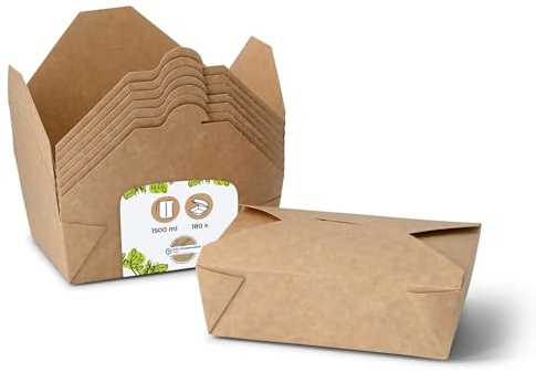 BIOZOYG Box aliments à emporter I Bio box alimentaire avec couvercle rabattable 1500ml I Box en papier rectangulaire I Carton kraft marron box compostable I Boîtes à emporter jetables 180 pièces