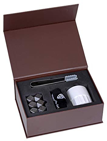 GRÄWE Whiskey-Steine Set aus Marmor - Geschenk-Box mit 6 Kühlsteinen, Stoffbeutel, Zange und Marmorbehälter