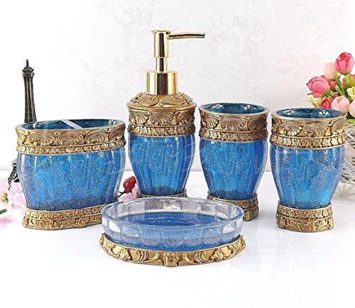 HONGS kontinental 5tlg Bad-WC Garnitur Badezimmer Set Bürste Becher Seifenspender Badgarnitur,Blau