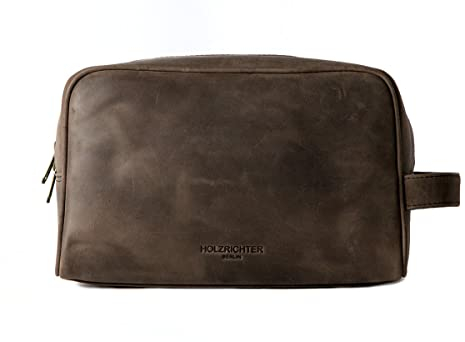 HOLZRICHTER Berlin - Kulturtasche aus Leder für Damen & Herren (No-3-1), Kulturbeutel 15x25x13cm, Echtleder Waschtasche, Schokoladenbraun
