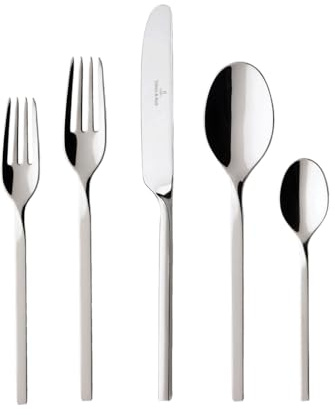 Villeroy & Boch New Wave 5-Piece Place Setting, 18/10 Stainless Steel, Service for 1 | 18/10 stainless steel, modern flatware set, dishwasher safe, rust resistant, great for a wedding registry