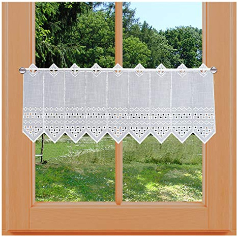 kollektion MT Scheibengardine Kurzgardine Kayla Feenhausgardine Vogtländischer Spitze weiß mit Lochstickerei auf leichtem Batist mit Käseleinen-Struktur 30 x 128 cm