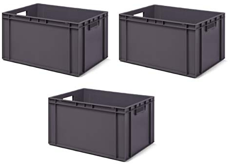 1a-TopStore 3 Stk. Transport-Stapelkasten TK627-0, grau, 600x400x270 mm (LxBxH), aus PP, Volumen: 51 Liter, Traglast: 50 kg, lebensmittelecht, made in Germany, Industriequalität