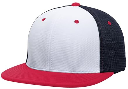 Pacific Headwear Premium M2 Performance Trucker Flexfit® Cap, White/Navy/Red, L/XL