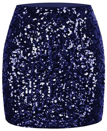 MANER Mini Jupe à Paillettes Extensible pour Femme, Bleu Marine, L