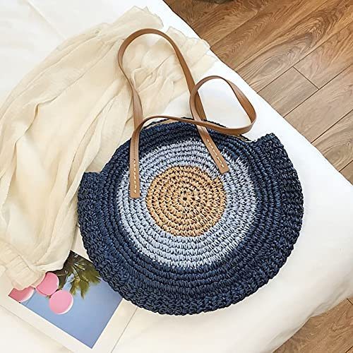 JIUFU Sacs de Plage Ronds en Paille pour Femmes Sac à bandoulière tissé à la Main Raphia Cercle Sacs en rotin bohème Sacs de Vacances d'été