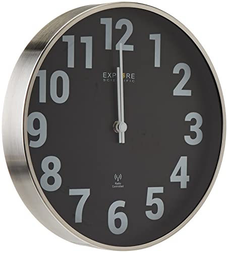 Explore Scientific orologio analogico radiocontrollato a parete con numeri | Orologio da 25 cm, non necessita di regolazione, design contemporaneo, immancabile in ogni ambiente domestico, nero